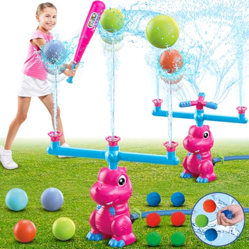 VATOS Dinosaur Sprinkler & Splash Baseball & Water Ball Toy 3 in 1, Outdoor Water Spray Toy with 360° Rotating Sprinkler Head, 3 Water Column Nozzle, Summer Backyard Garden Lawn Water Games for Kids