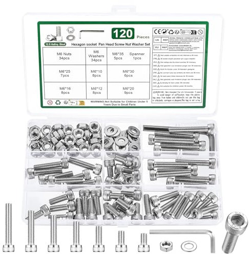 120 Pcs Vis M6 Vis et écrous Set, Boulons Vis à Tête Cylindrique à Six Pans Creux Assortiment Kit, DIN912 Vis Boulon et écrous et Rondelles Set, Boulons Vis à Tête Hexagonale avec écrous(Argent)