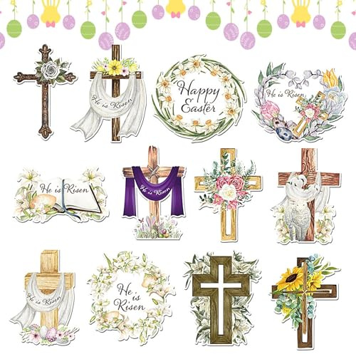 Religiösa påskdekorationer för träd, 24 x påskdekorationer religiösa – trä He Is Risen ornament vår högtid kristen korsfästelse trä utskärningar påskdekor för små träd hemmafest