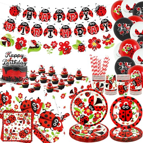 Marienkäfer-Partydekoration, Marienkäfer-Geburtstagsdekorationen, Teller, Becher, Servietten, Tischdecke, Happy Birthday-Banner, Kuchendekor für Marienkäfer-Partyzubehör, für 20 Personen