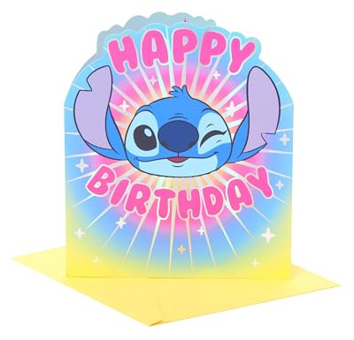 UK Greetings Biglietto di compleanno Disney Lilo & Stitch, regalo di buon compleanno, per lei/lui, design con volto di Stitch, con busta, 15,9 x 18,4 cm