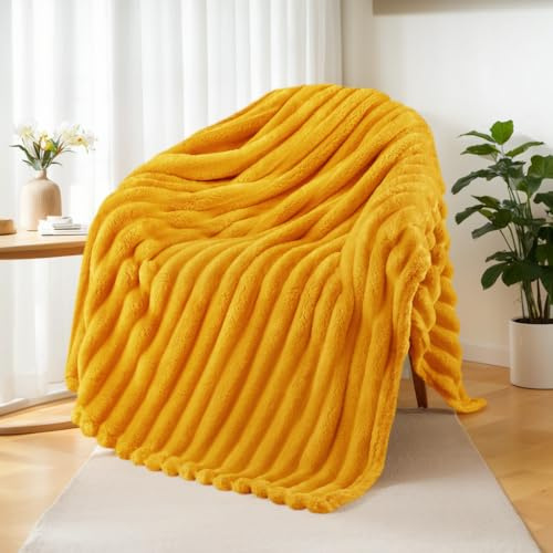 Exclusivo Mezcla Kuscheldecke Flauschig Flanell Decke 130 x 150 cm | Atmungsaktiv, Leicht, Weich, Sofadecke Tagesdecke Bettüberwurf Wohnedecke für Ganzjahreszeit, Senfgelb