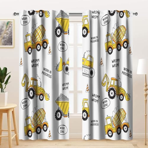 Kzzfqxb Cortinas Infantiles de 117x138cm 2 Paneles, Sitio de construcción camión Excavadora Bulldozer draperías para Ventanas, decoración para Dormitorio Infantil guardería Sala de Estar