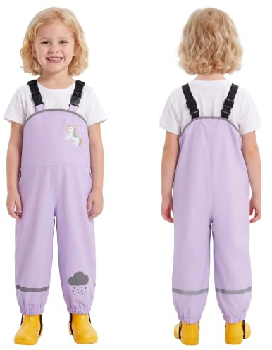 Domueay Kids Rain Trousers Girls Waterproof Dungarees 5-6 Years, Purple