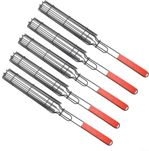 5-Pack Stainless Steel BBQ Grill Baskets – 49X4.5x3.5cm With Locking Lid & Heat-Resistant Wooden Handle – Non-Stick Coating For Even Cooking – Ideal-For Camping/Picnics/Outdoor Grilling