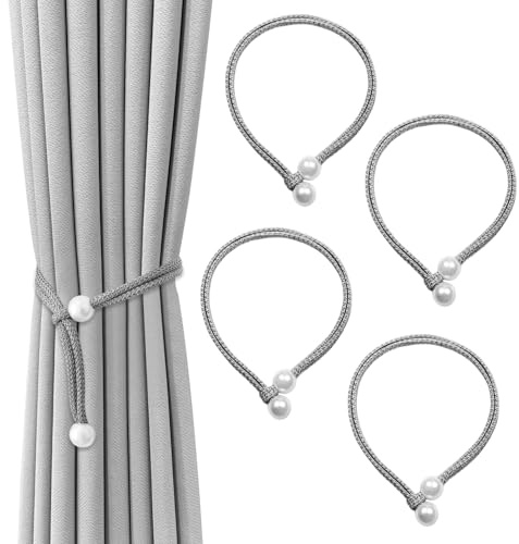 4 Pcs Curtain Tiebacks, Pearl Curtain Rope Buckle Elegant Weaving Curtain Tiebacks Adjustable Curtain Tie Backs for Home, Office, Living Room, Bedroom (Grey)