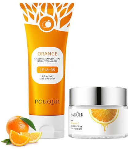 Natürliches Orange Peeling Gel 100g + Vitamin C Creme Gesicht 50g | Gentle Exfoliating & Feuchtigkeitspflege | Orange Enzym Peeling Gel & Vitamin C Feuchtigkeitscreme für Strahlende, Glatte Haut