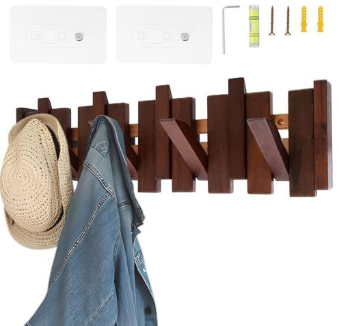 Toaboa Garderobe Holz Garderobenleiste mit 8 Flip-Haken Garderobenhaken Klappbar, Starke Tragfähigkeit Platz Sparen Wandgarderobe für Flure, Garderoben, Wohnzimmer, Badezimmer