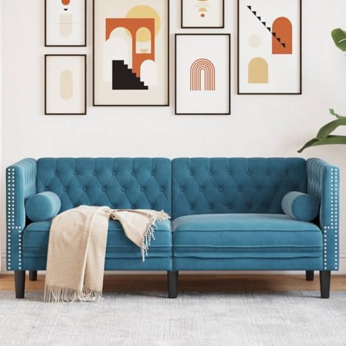 Massbinet Chesterfield-Sofa mit Nackenrollen 2-Sitzer Klein Gemütliches kleines Sofa für Jugendzimmer Aufstellen von Minisofa Couchs aus Vollholz Sofas Blau Samt