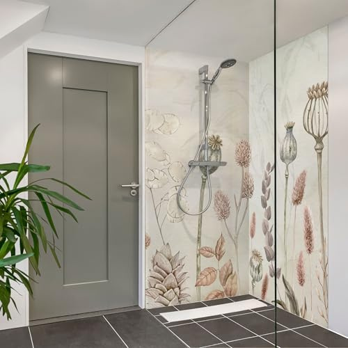 micasia Duschrückwand selbstklebend wasserfest Blumen Hartfolie fugenlos Wandpaneel - made in Germany - Blumenwiese Aquarell matt beige Bad Wandverkleidung für Duschkabine 2082-P (80x200cm)