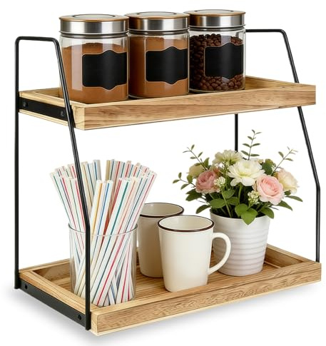 MEETOZ Coffee Station Organizer for Countertop, 2 Tier Coffee Bar Accessories and Organizer, Wooden Kitchen Counter Shelf, Spice Rack, for Kitchen, Home, Office, Bathroom