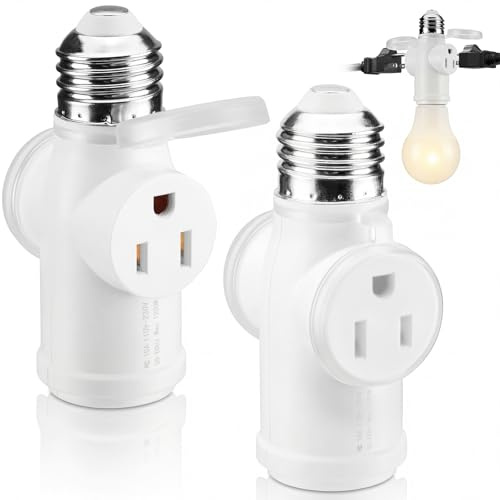 Tavirela 2-Pack Light Socket Outlet Adapter, Upgraded Flame Retardant & Dust Proof, All-Copper E26 Screw-in Light Bulb Holder & Lightbulb Fixture to 3-Prong Plug Converter for Outdoor, White