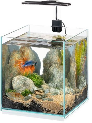 Hydor 9,5 Liter Aquarium mit dimmbarer LED-Lampe, 3 Modi (Tag, Nacht und Gemischt), Glasaquarium 22 x 22 x H 36 cm. Aus Glas