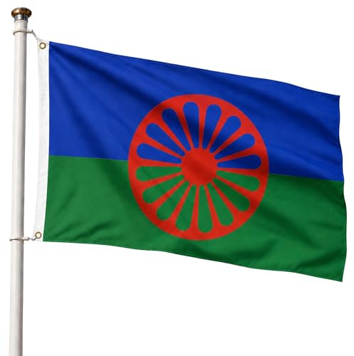 Bandera Gitana 90x150cm, Bandera del pueblo gitano con 2 Ojales de Latón, Bandera Romaní, Gypsy Flag, Apta para exterior, Material Poliéster, Resistente al viento y lluvia, 90x150cm
