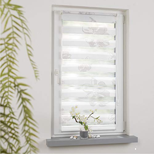 DECOLIA by Garesa Duo Rollo - Doppelrollo Klemmfix ohne Bohren 90 x 150 cm, Weiß/Taupe mit Blumen - Fenster Sichtschutz und Lichtschutz, Mit Kettenzug