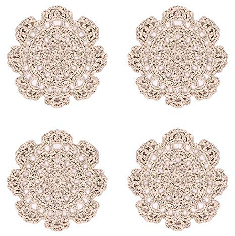 Phantomon 5 Inch Doilies Small Handmade Crochet Coasters Round Cotton Lace Table Placemats for Cup/Glass Pack of 4, Beige