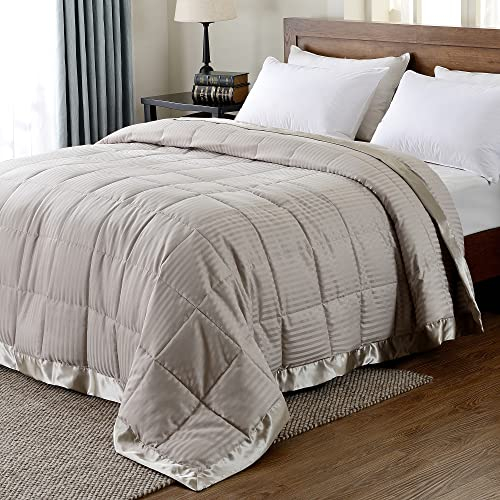 downluxe Queen Size Blanket with Satin Trim, Lightweight Down Alternative Blankets Queen Size for All Season, Machine Washable (Sand, 90x90 Inch)