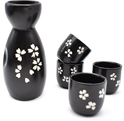 Liwein Ceramic Sake Set,5 Pieces Japanese Traditional Handmade Ceramic Wine Cup Hand Painted Cherry Blossoms Flower Porcelain Pottery Sake Bottle Home Decor Crafts(Black)