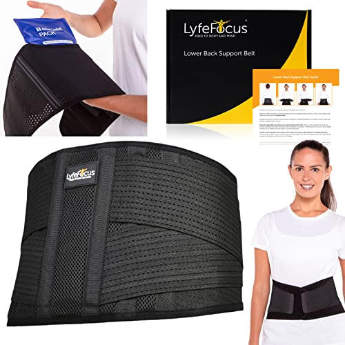 LyfeFocus Ceinture de soutien lombaire réglable de qualité supérieure pour homme et femme – Orthèse de soutien lombaire respirante fournie avec poche chaude et froide réutilisable pour soulager la