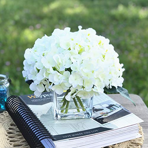 ENOVA HOME Artificial Hydrangea Silk Flowers Arrangements in Cube Glass Vase for Home Wedding