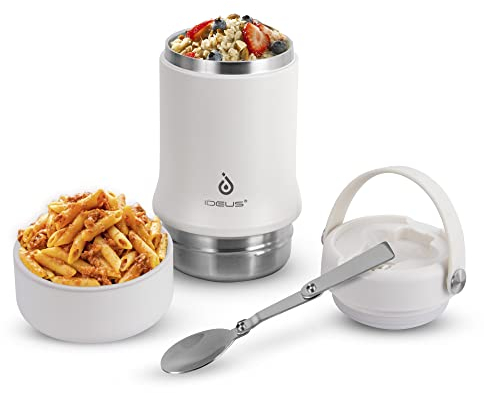 Ideus Soup Thermo with Foldable Spoon and Bowl 20oz, All-in-one Insulated Bento Lunchbox Stainless Steel Leakproof Portable Soup Container Vacuum Thermal Food Jar for Lunch, White