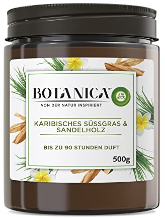 Botanica by Air Wick Duftkerze – Duft: Süßgras und Sandelholz – Nachhaltig hergestellt mit natürlichen Inhaltsstoffen – 1 x 500 g Kerze im Glas