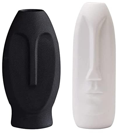2er-Set Moderne Gesichts Blumenvase, Minimalism Abstrakte Vasen mit Gesichtsgestaltung, Dekorative menschliche Gesicht Ornament (1 X Weiß, 1 X Kohleschwarz)