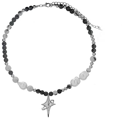 LMJNL Asymmetrische barocke Perlenkette für Frauen Stern Anhänger schwarz weiße Perlen Halskette Choker Edelstahl Halskette Schmuck Geschenk