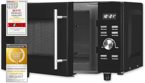 Exquisit Mikrowelle mit Grill & Flatbed - 23 Liter, 750 W, Schwarz | Ohne Drehteller, 1 000 W Grillfunktion, 5 Leistungsstufen, digitales Display – kompaktes Schwarz-Matt-Design