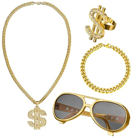 IOPJLK Dollar Kette Set, 8 Stück Goldkette Kostüm, Zuhälter Kostüm Hip Hop Rapper Punk Gold Kette Goldring Fasching & Karneval für 70er,80er,90er Jahre Accessoires