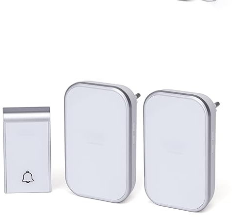Timbre inalámbrico digital CA, blanco y plateado, instalación fácil, alertas sonoras; ideal para mejorar la comunicación en el hogar.