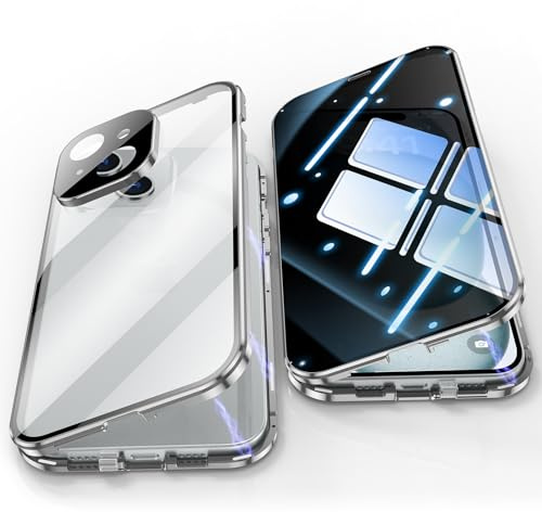 Jonwelsy Anti Peeping Hülle für iPhone 15, 360 Grad Schutz Case, Privatsphäre Gehärtetes Glas Anti-Spähen Cover, Stark Magnetische Adsorption Metallrahmen Handyhülle für iPhone 15 (Silber)