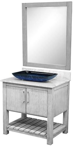 Miseno MV-30SG-NOBV-CAR-19034-MIR 30 Free Standing Single Basin Vanity Set with Cabinet, Marble Vanity Top, Rectangular Glass Vessel Sink and Mirror - Stonewash Grey/Carrara White Top/Brushed
