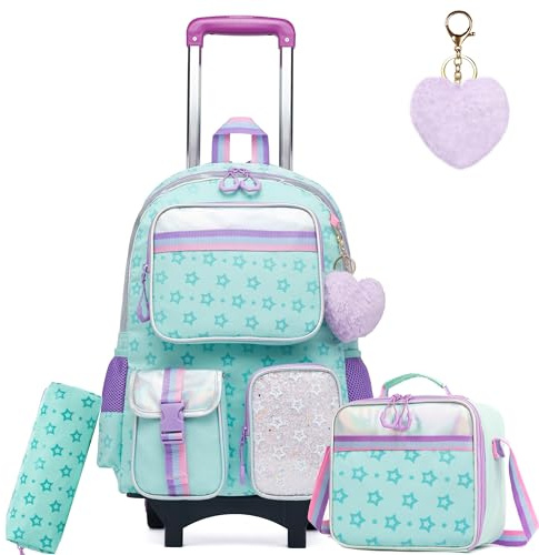 HTgroce Rolling Backpack for Girls Trolley School Bags Girls Backpacks with Wheels Kids Carry-on Travel Luggage,Green Schoolbag Set