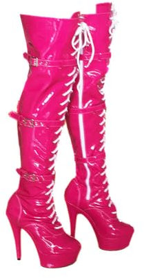 denova's Stivali da donna in vernice da 15,2 cm, tacco molto alto, con lacci, plateau, pole dance, sopra il ginocchio, con cerniera, Fucsia, 10.5 US