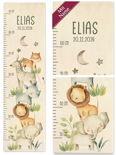 Kind Holz - Tiere - Messlatte Wildtiere I Löwe I Elefant I Zebra I Nashorn I Tiger I Zootiere Kindermesslatte - 50-110 cm - Holz - kinder 160 tier safari kinderzimmer größenmesser größen
