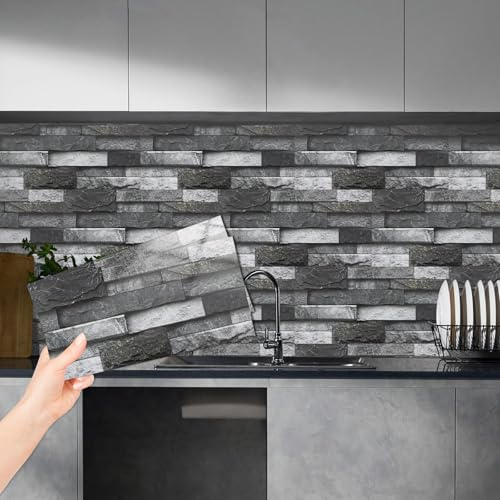 Abyssaly Black Brick Self Adhesive Wall Tile Stickers for Kitchen | 15x30cm White Stick on Tiles Peel and Stick on Tiles for Home Decor DIY Bathroom, Backsplash, 24pcs
