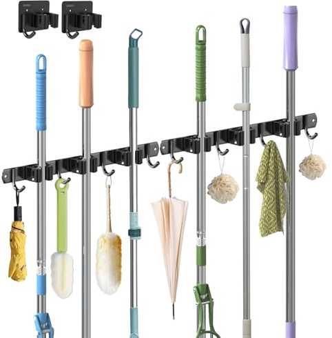 3-H Besenhalterung Wand 2 Stück mit 2 Besenhalter,2-in-1 Dual Montage(Stabile Schraubmontage oder wandschonend selbstklebend)Edelstahl Gerätehalter für Garten Garage Keller(3 Halter & 4 Haken,Schwarz)