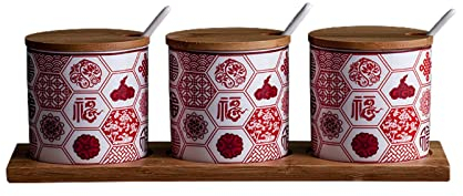 FQCXCKJ Azucarero con tapa y cuchara, tarro de almacenamiento de azúcar, recipiente de azúcar, tarro de especias, bote de condimento para salero de azúcar (3 juegos rojos)