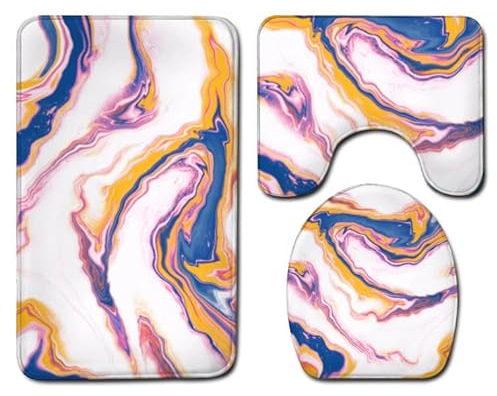 Bad Teppiche Set 3-Teiliges Gelber Rosa Marmor WC Vorleger Mit Ausschnitt Badematte Saugfähig WC Deckelbezug Badvorleger rutschfest Waschbar Toilettensitzbezug Badgarnitur (45x75cm)
