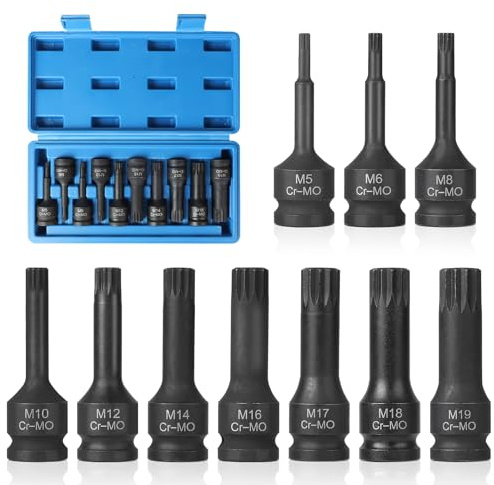 EFUTURETIME 10-tlg. Innenvielzahn Steckschlüssel Set 1/2, M5, M6, M8, M10, M12, M14, M16, M17, M18, M19, XZN Nuss Satz mit Kasten, Steckschlüsseleinsätze