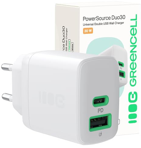 Greencell PowerSource Duo Blanco USB-C Cargador 30W con USB-C y USB-A para iPhone 17/Pro/Pro MAX/iPhone Air/16/15, MacBook, Pixel 9, iPad, Samsung Galaxy S25 Ultra/S24 Series
