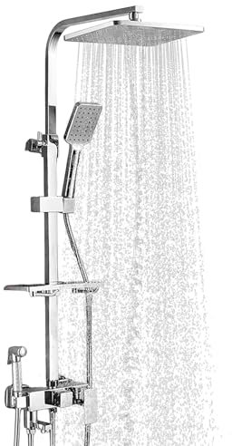 40 °C Thermostatische Duschsäule, 85 – 125 cm, höhenverstellbar, Duschsäule mit Duschkopf, 34 x 29 cm, 3-4 Mischbatterie mit Ablage (Silber, 4 Stopper)