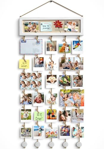 VINCOURNA Fotovorhang mit 30 Holzklammern klein,DIY Fotowand Fotogirlande & Bilderrahmen Collage Fotoseil Fotoleine Fotokette Bilderrahmen mit Klammern und Leine bilderrahmen mit Schnur Weiß