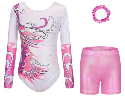 Ensemble de Justaucorps de Gymnastique pour Filles de Danse - Justaucorps à Manches Longues et Sans Manches avec Short et Bandeau, Couleur Dégradée Scintillante pour Ballet et Danse, Vêtements de