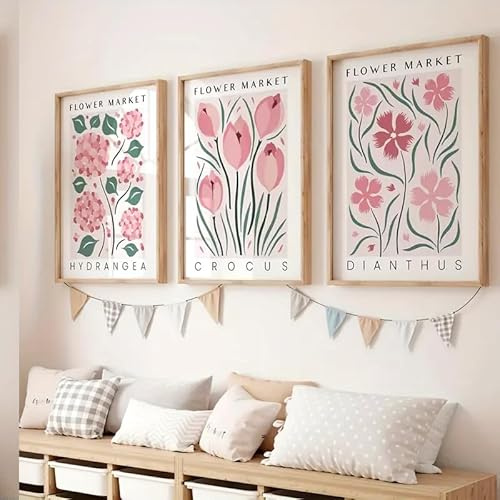 Uixxducc 3Pcs FLOWER MARKET Poster Set, Vintage Rosa Blumen Bilder Poster & Kunstdrucke, Wandbilder Ohne Rahmen, Aesthetic Wanddeko für Wohnzimmer, Schlafzimmer, Esszimmer (30x40cm,ABC)