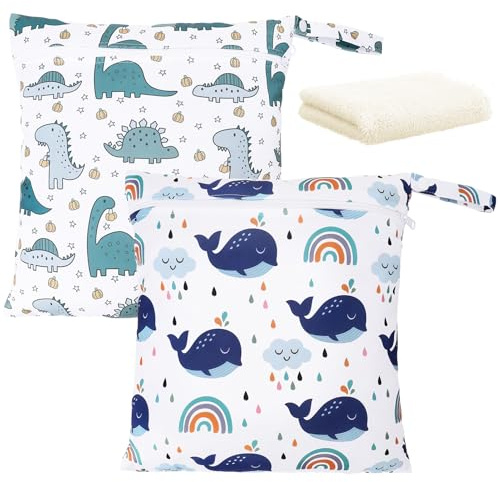 Kaisibum 2 Stück Wetbag Kindergarten mit 1 Waschlappen, Whales, Dinosaurs
