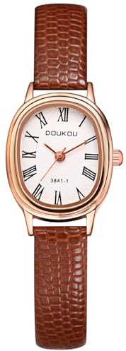 JewelryWe Damenuhr Kleine Ovale Uhren, Vintage Römische Ziffern Analog Quarz Armbanduhr mit PU Lederarmband Elegant Modische Uhr aus Leder für Damen Frauen
