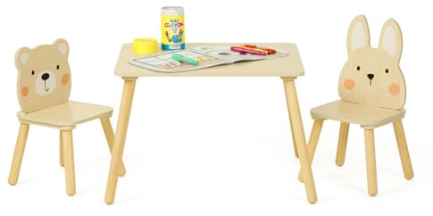 OOOK Kindertisch mit 2 Stühlen, Kinder Tisch Stuhl Set aus Holz, Kindersitzgruppe mit 2 Tier-Sesseln, Sitzgruppe Kinder ab 3 Jahr für Kinderzimmer, Kindergärten