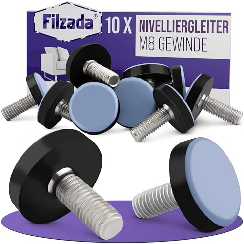 Filzada® 10x PTFE Stellfüße M8 - Nivellierfüße - Möbelfüße mit Gewinde | Teflongleiter zum Schrauben höhenverstellbar - Stuhlgleiter - PTFE-Gleiter mit Gewinde unebene Böden - feuchtigkeitsresistent